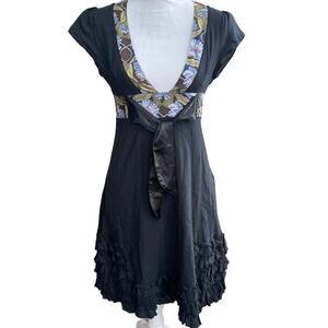 FREE PEOPLE Black Short Sleeve Cotton Dress w/Floral Trim (S/4)